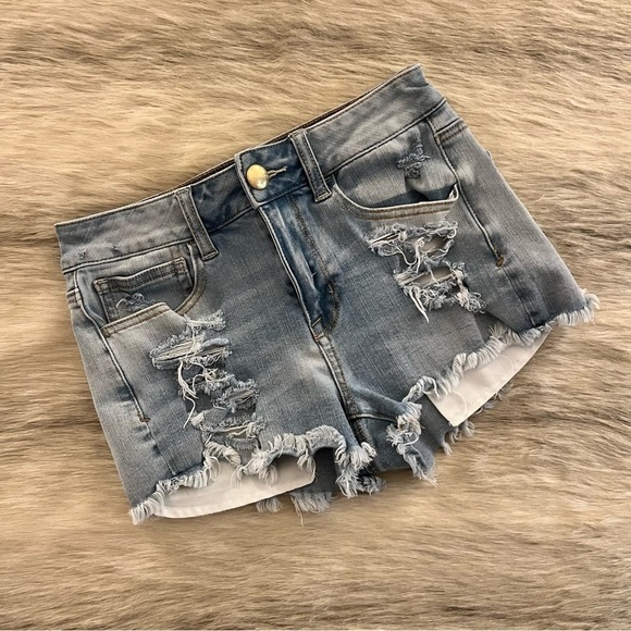 AMERICAN EAGLE 360° Super Stretch 2 Distressed Ripped Cut Off Jean Shorts Light - Picture 1 of 10